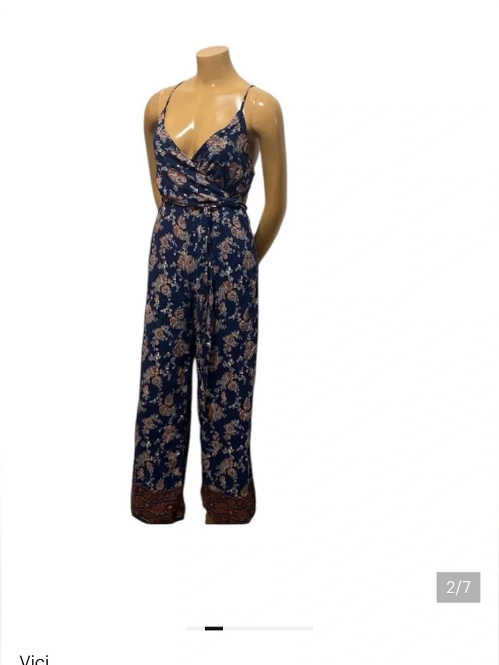 VICI Floral Wide Leg Jumpsuit Navy Blue Boho Wrap Tie Size M - Picture 4 of 8